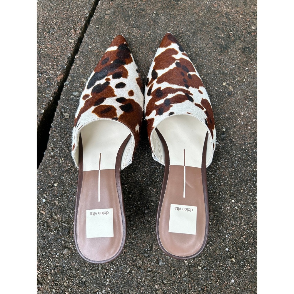 Dolce Vita Lexy Cow Print Calf Hair Pointed Toe Kitten Heel Mules Brown White - Picture 14 of 16